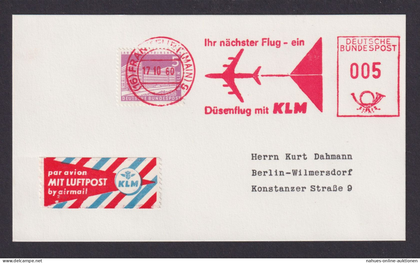 Flugpost Brief Air Mail Bund Berlin AFS + ZuF Bauten KLM Frankfurt 1960 - Briefe U. Dokumente