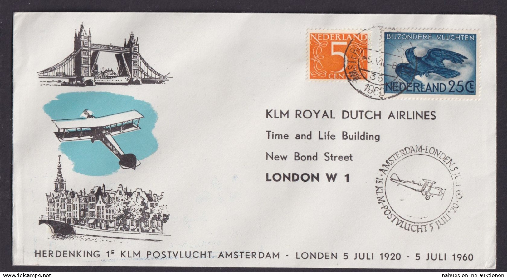 Gedenk Flugpost Brief Air Mail Niederlande KLM Amsterdam London Grossbritannien - Poste Aérienne