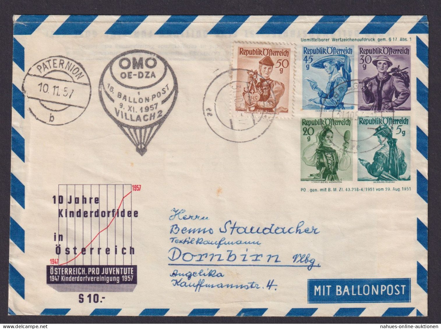 Flugpost Ballonpost Österreich Ganzsache 4 WST Trachten + ZuF OMO OE-DZA Bregenz - Covers & Documents