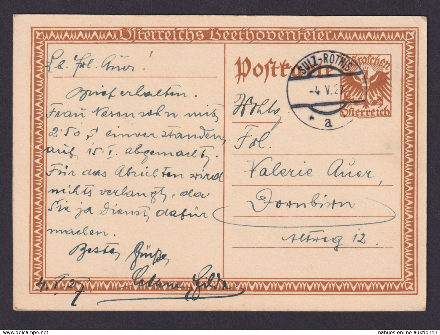Österreich Ganzsache Beethoven Musik Komponist Sulz Röthis N. Dornbirn 4.5.1927 - Briefe U. Dokumente