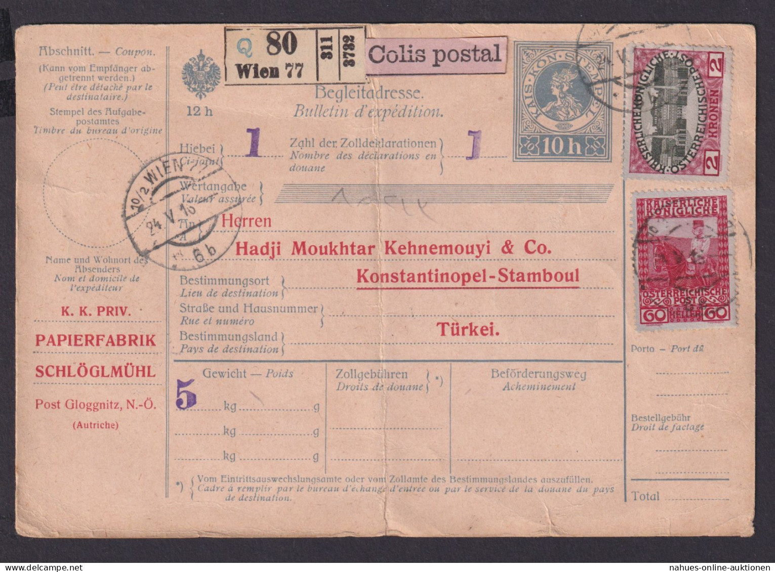 Österreich Ganzsache Paket Begleitadresse 10 H. + ZuF 2 Kr. + 60 H. Wien Türkei - Brieven En Documenten