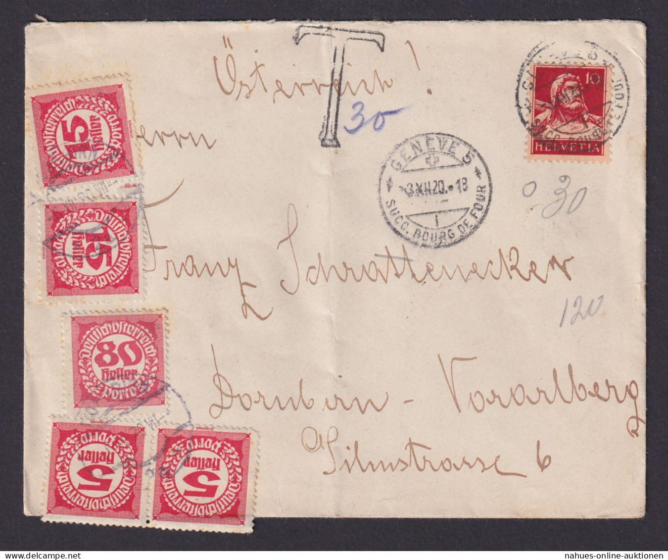 Schweiz Brief EF Tell Genf Dornbirn Voralberg Österreich Mit Portomarken - Storia Postale