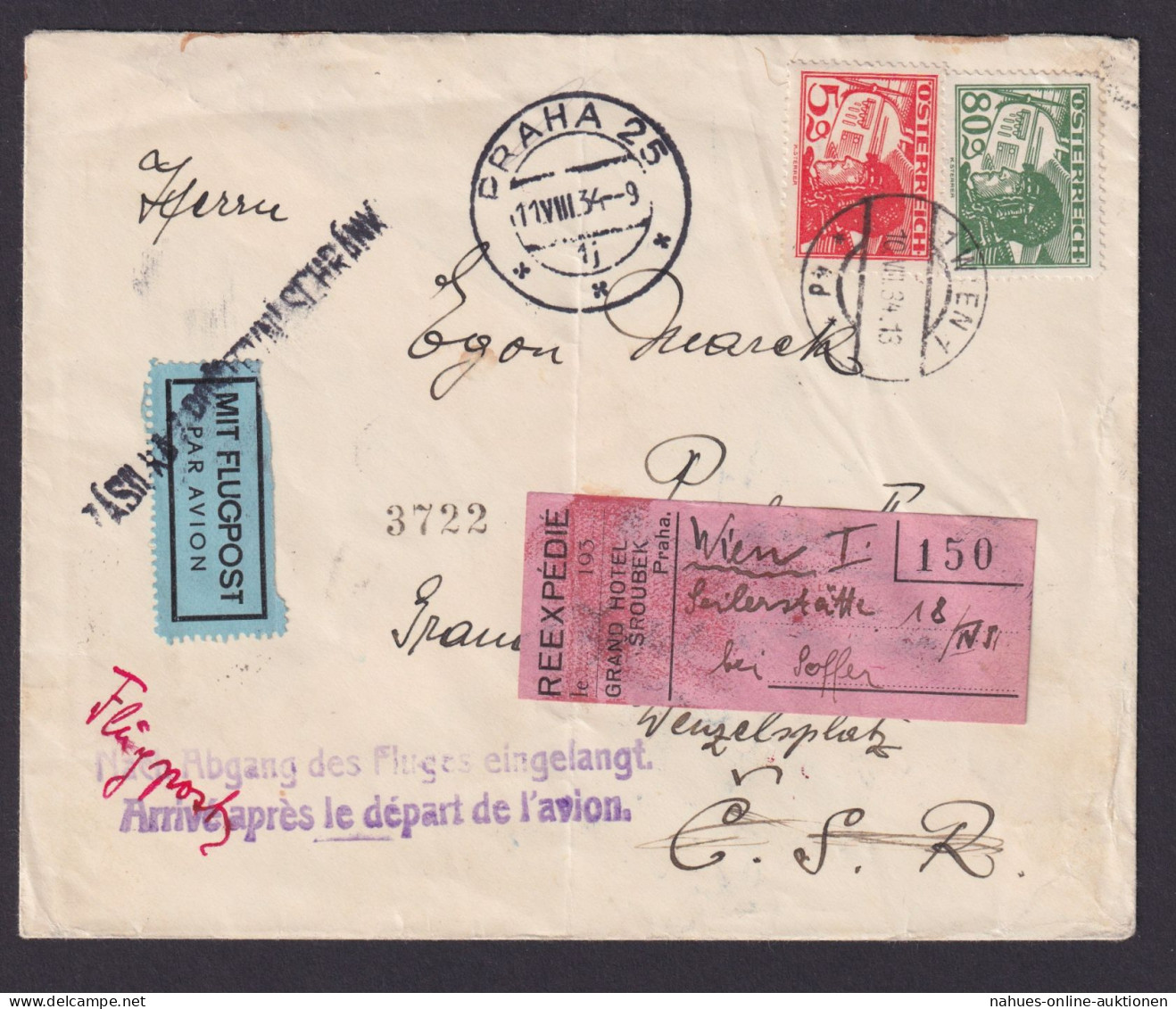 Flugpost Österreich Brief Wien Prag Viol. L2 Nach Abgang Des Fluges Eingelangt - Covers & Documents