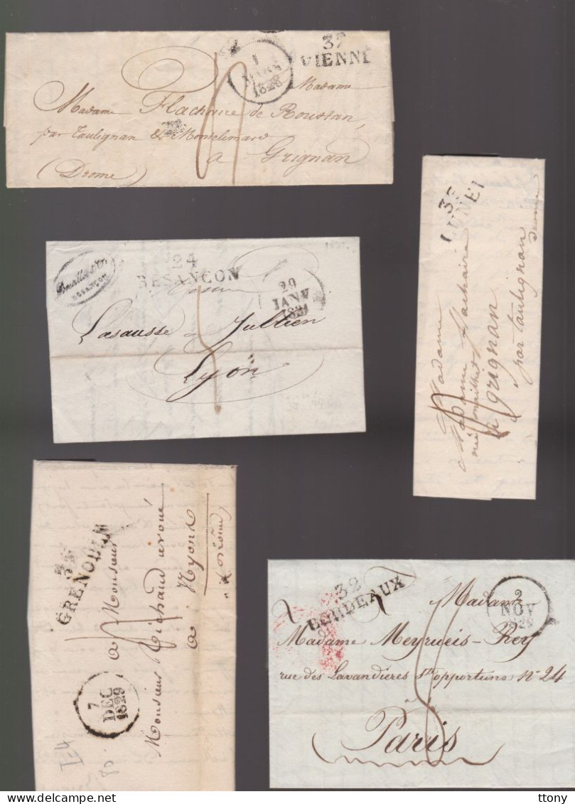 5 Lettres  Dite Précurseurs  Sur  Lettre  Marques Postales  : Grenoble - Besançon - Vienne - Bordeaux - Lunel - 1801-1848: Precursors XIX