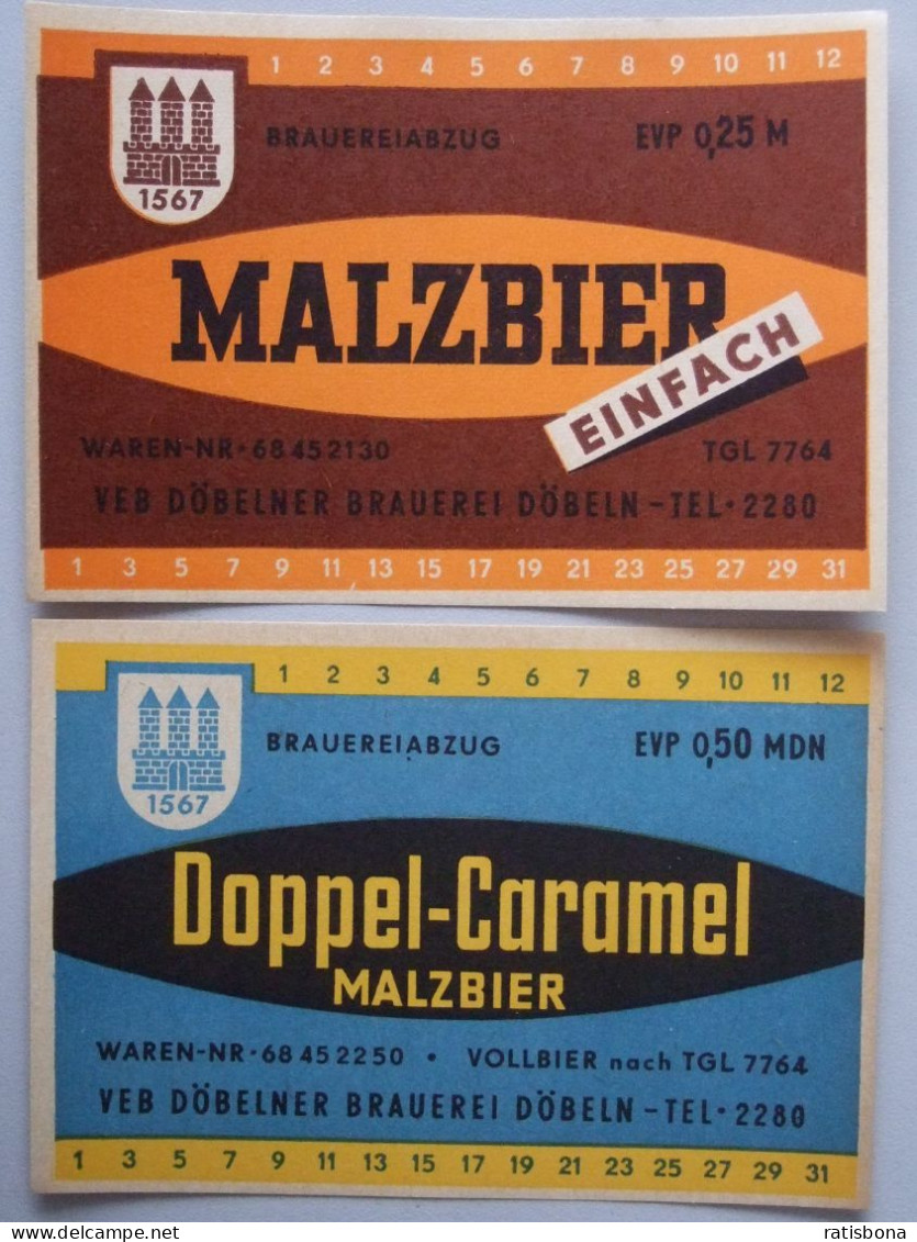 2 DDR-Bier-Etiketten Malzbier - VEB Döbelner Brauerei Döbeln - Bière