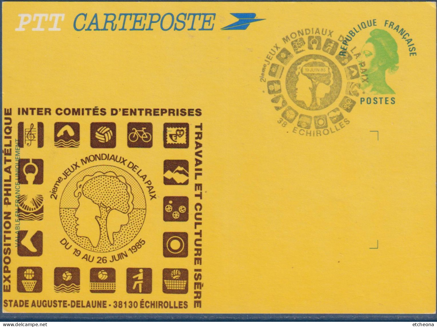 Prêt à Poster Entier 2484A-CP Liberte De Gandon Oblitéré Jeux Mondiaux De La Paix Echirolles 19.6.85 - Standard Postcards & Stamped On Demand (before 1995)