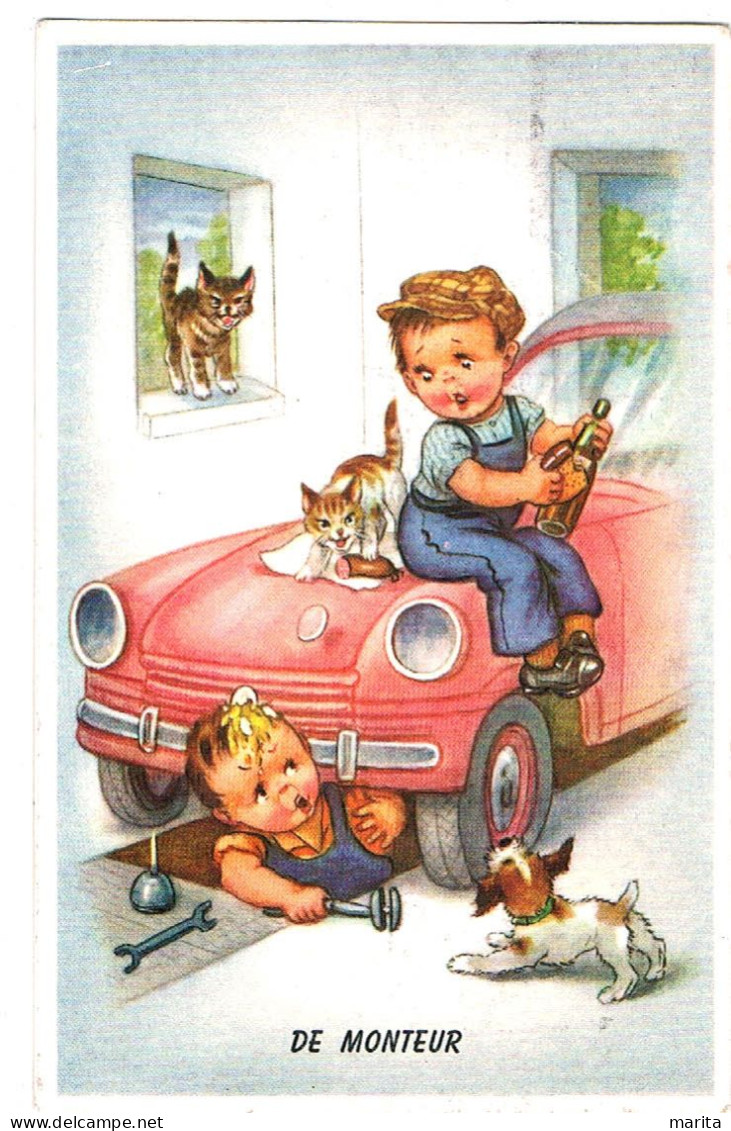 Chats, Chien Et 2 Enfants -katzen, Hund -poezen, Hond  Kinderen Garagist - Cats And Dog - Chats