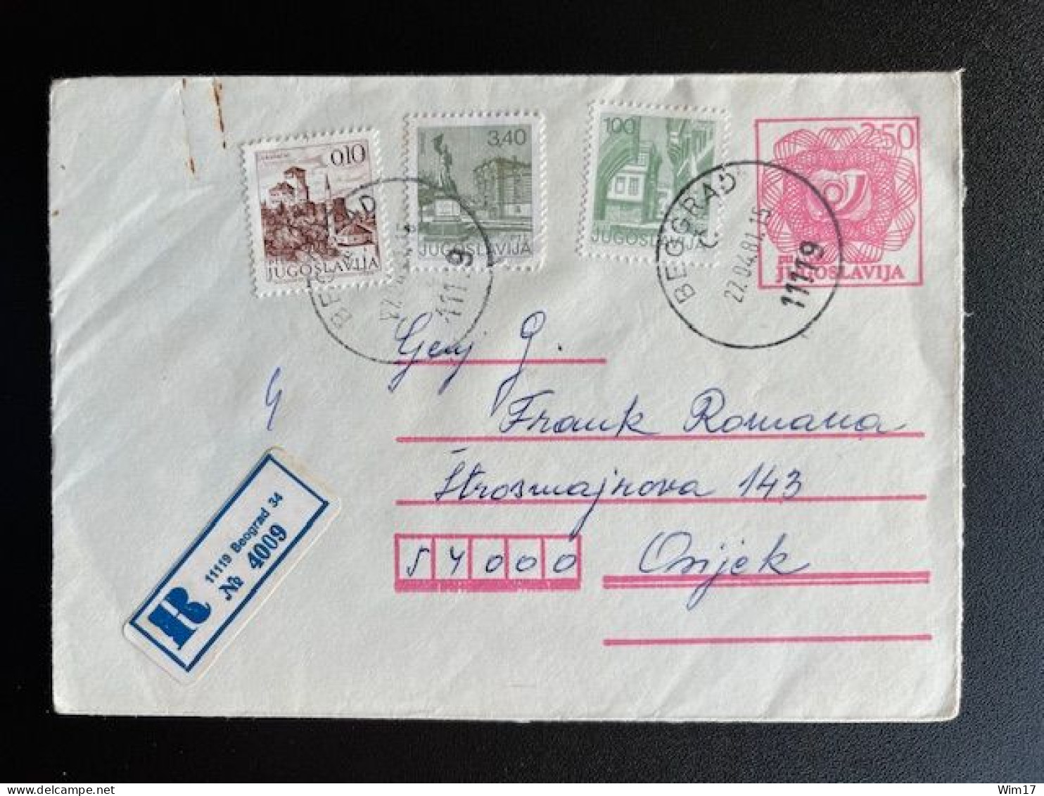 JUGOSLAVIJA YUGOSLAVIA 1981 REGISTERED LETTER BELGRADE BEOGRAD TO OSIJEK 27-04-1981 - Covers & Documents