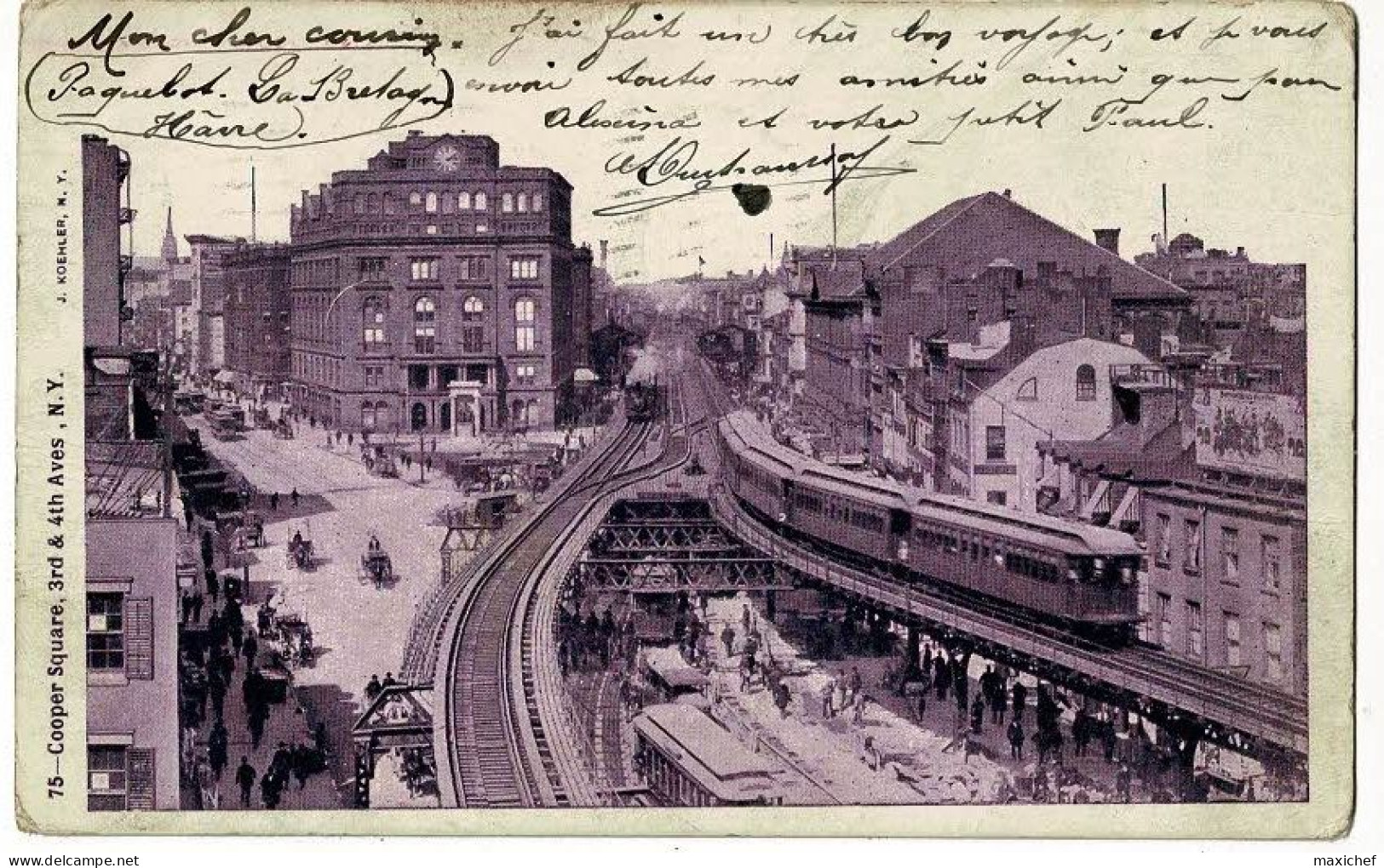 Cooper Square, 3rd & 4 Rd Aves - New-York - Ligne De Métro Aérien & Locomotive à Vapeur - Circulé 1904 - U-Bahnen