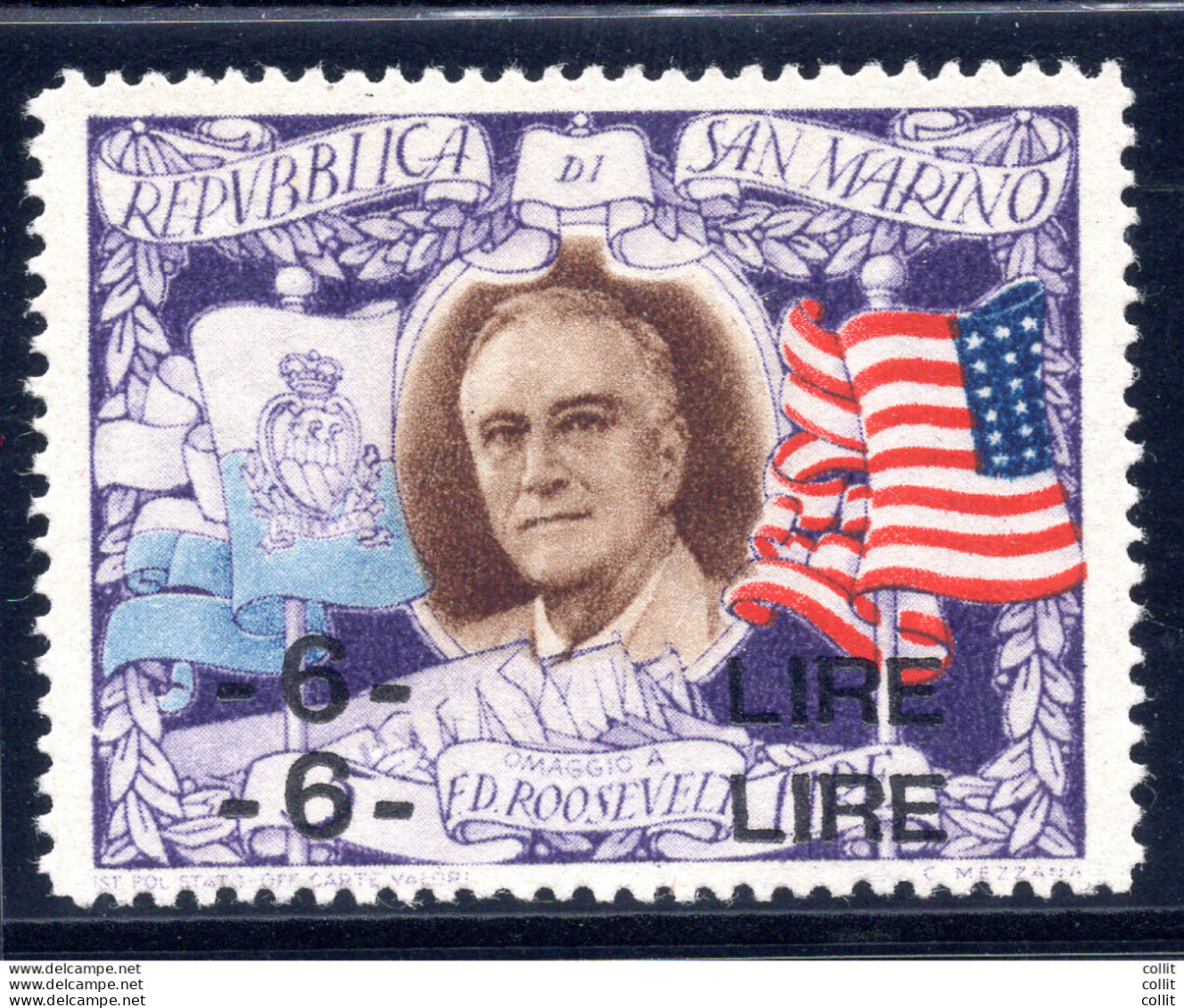 Roosevelt Lire 6 Su 5 N. 309b Doppia Soprastampa - Unused Stamps