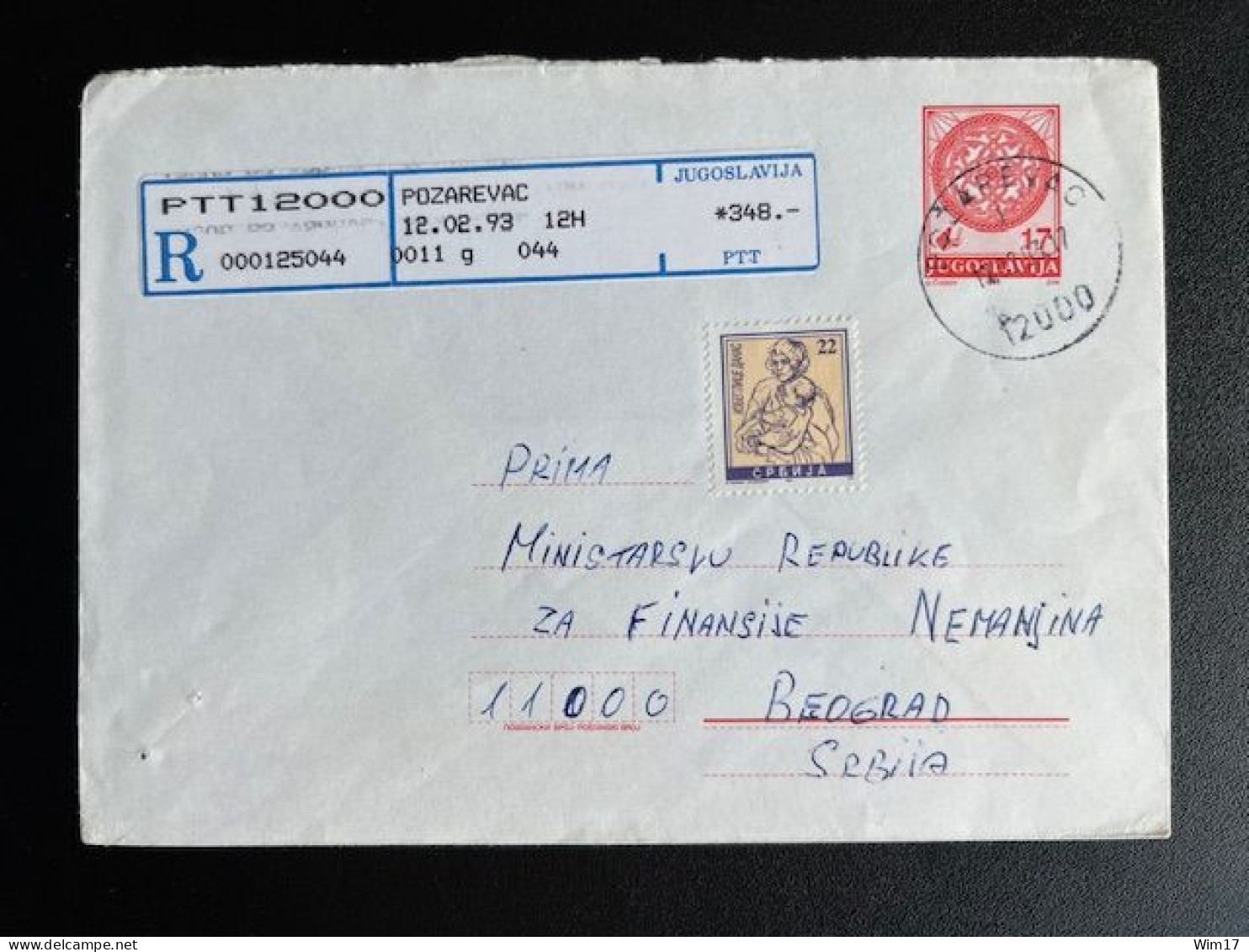 JUGOSLAVIJA YUGOSLAVIA 1993 REGISTERED LETTER POZAREVAC TO BELGRADE BEOGRAD 12-02-1993 - Brieven En Documenten