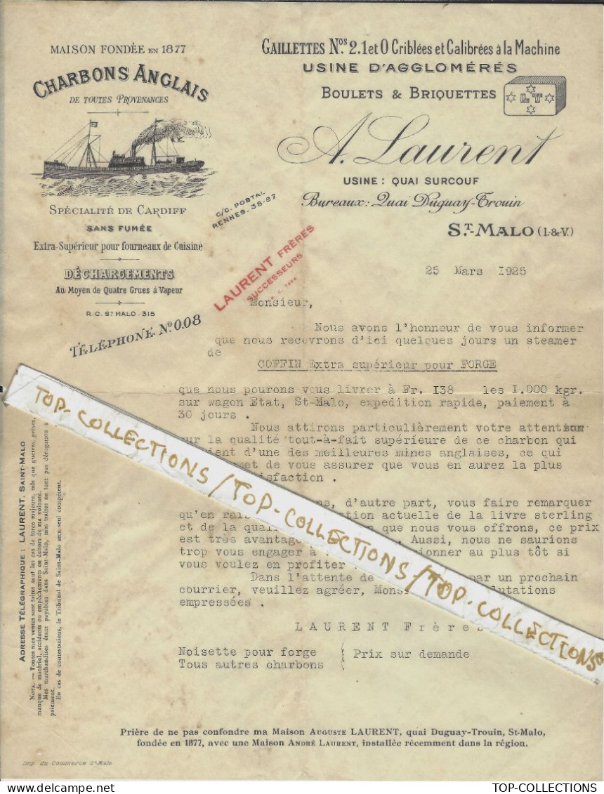1925  ENTETE  VAPEUR NAVIRE CHARBONS ANGLAIS A.LAURENT St Malo Ille Et Vilaine  NAVIGATION IMPORTATION NEGOCE - 1900 – 1949