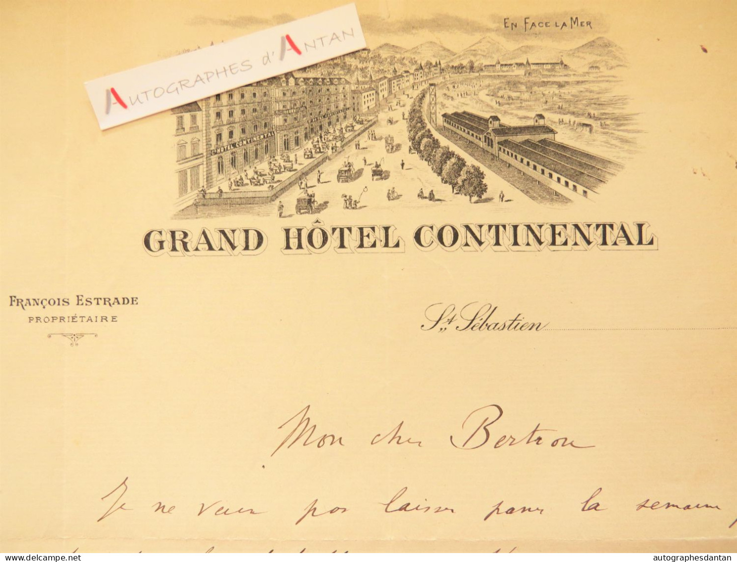 ● L.A.S Marcel HABERT Entête Grand Hôtel Continental Saint Sebastien - François Estrade San Sebastian Lettre Autographe - Autres & Non Classés