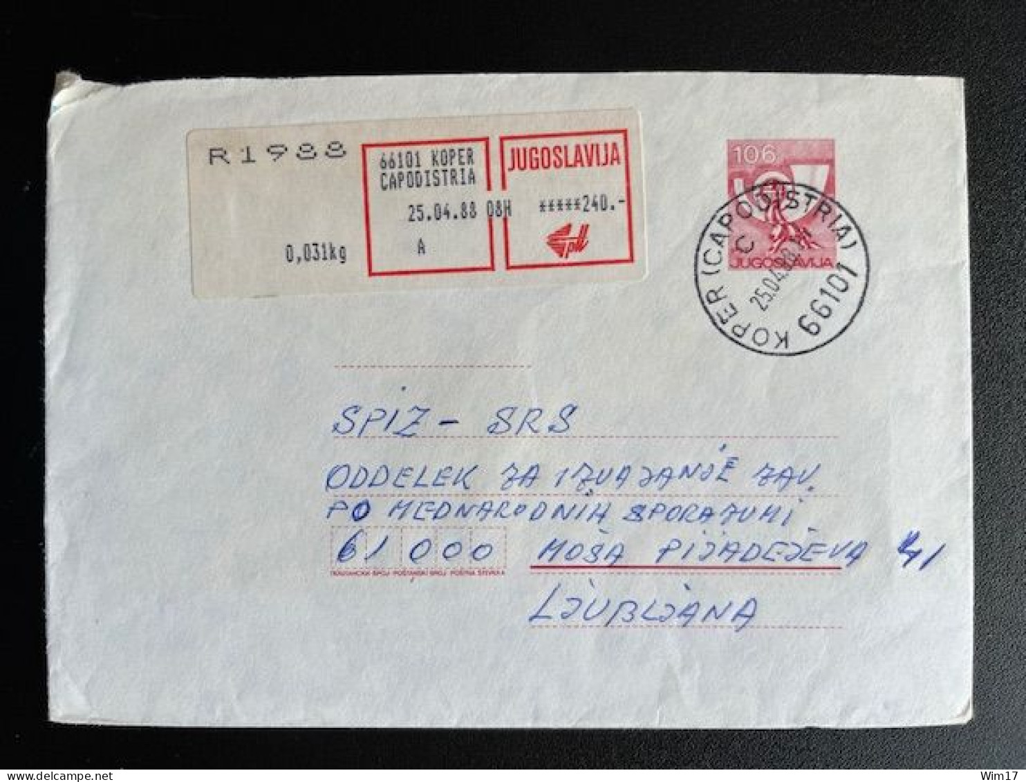 JUGOSLAVIJA YUGOSLAVIA 1988 REGISTERED LETTER KOPER CAPODISTRIA TO LJUBLJANA 25-04-1988 - Cartas & Documentos
