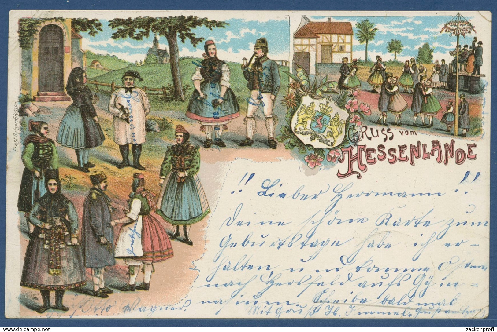 Gruß Vom Hessenlande Trachten Maibaum, Gelaufen 1900 (AK1730) - Costumes