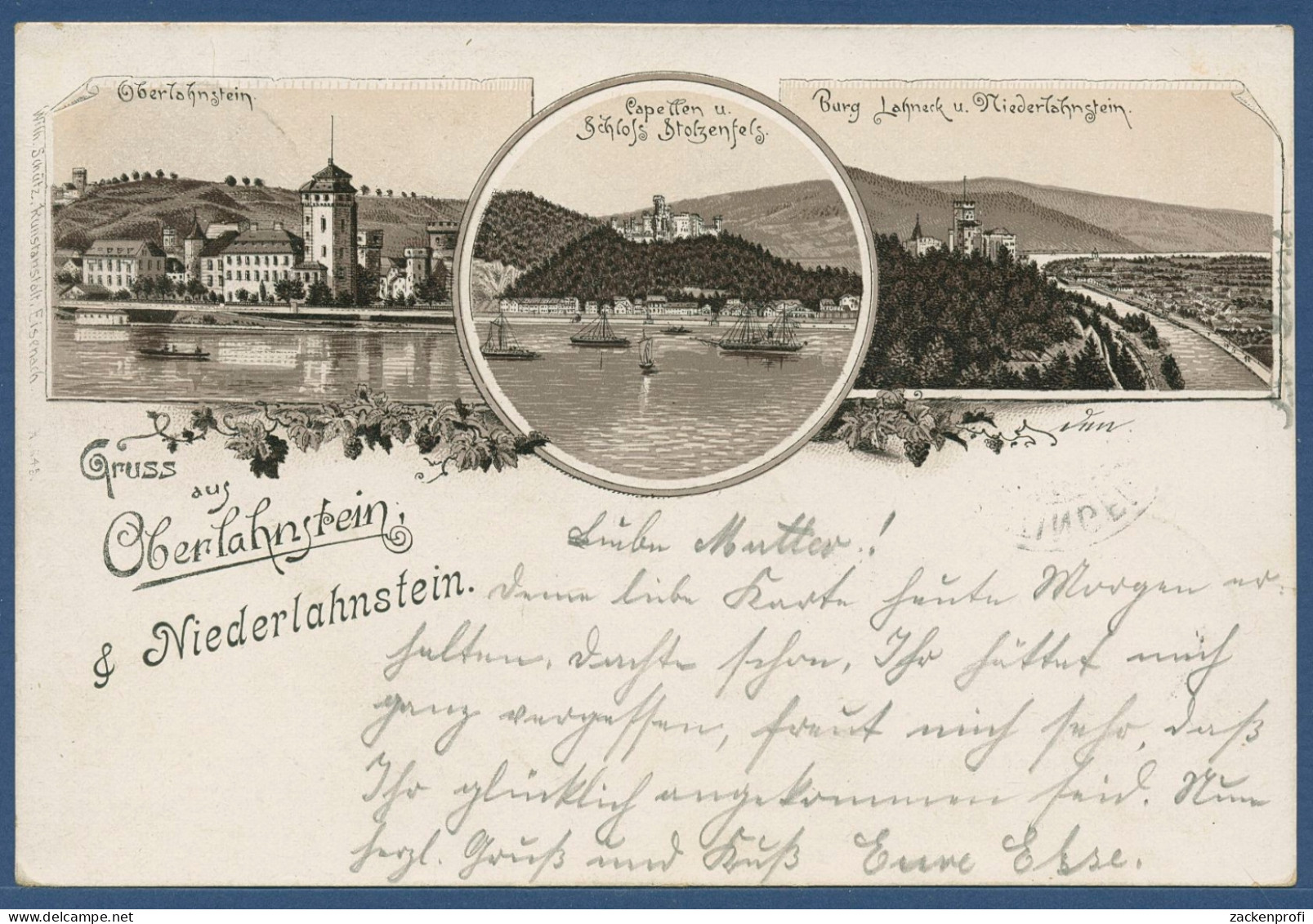 Gruß Aus Oberlahnstein Und Niederlahnstein Burgen, Gelaufen 1901 (AK1728) - Lahnstein