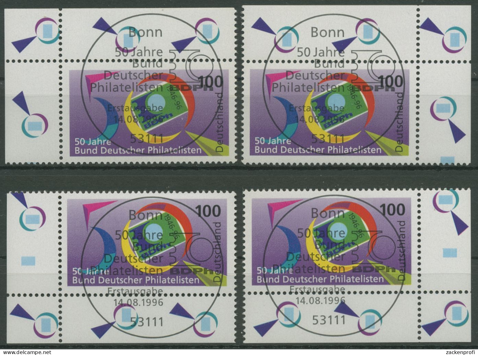 Bund 1996 Tag D.Briefmarke Philatelisten 1878 Alle 4 Ecken TOP-ESST Bonn (E2633) - Usados