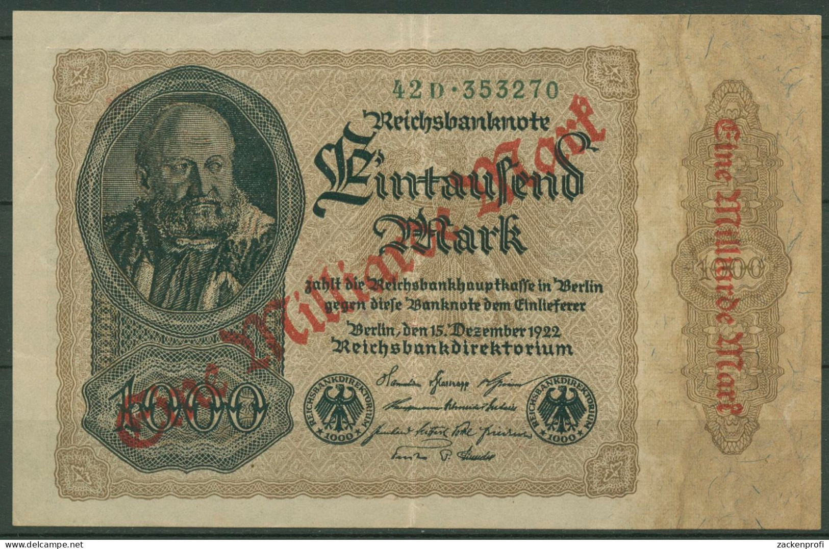 Dt. Reich 1 Milliarde Mark 1923, DEU-126b FZ D, Leicht Gebraucht (K1148) - 1 Milliarde Mark