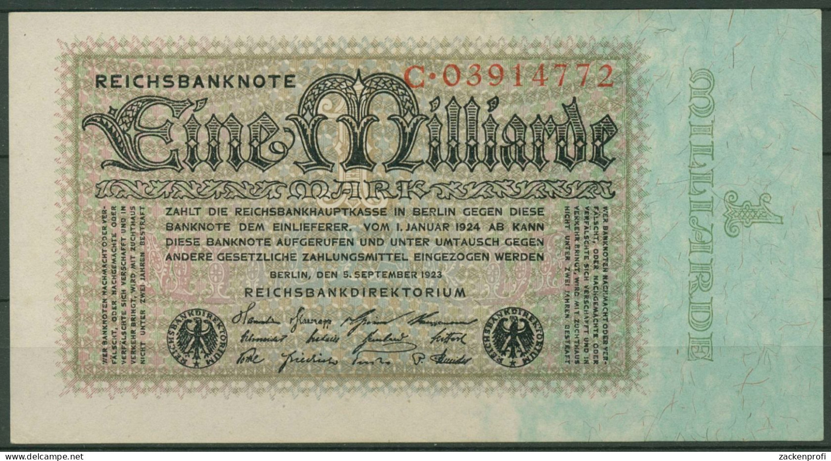 Dt. Reich 1 Milliarde Mark 1923, DEU-131a Serie C Fast Kassenfrisch (K1140) - 1 Miljard Mark