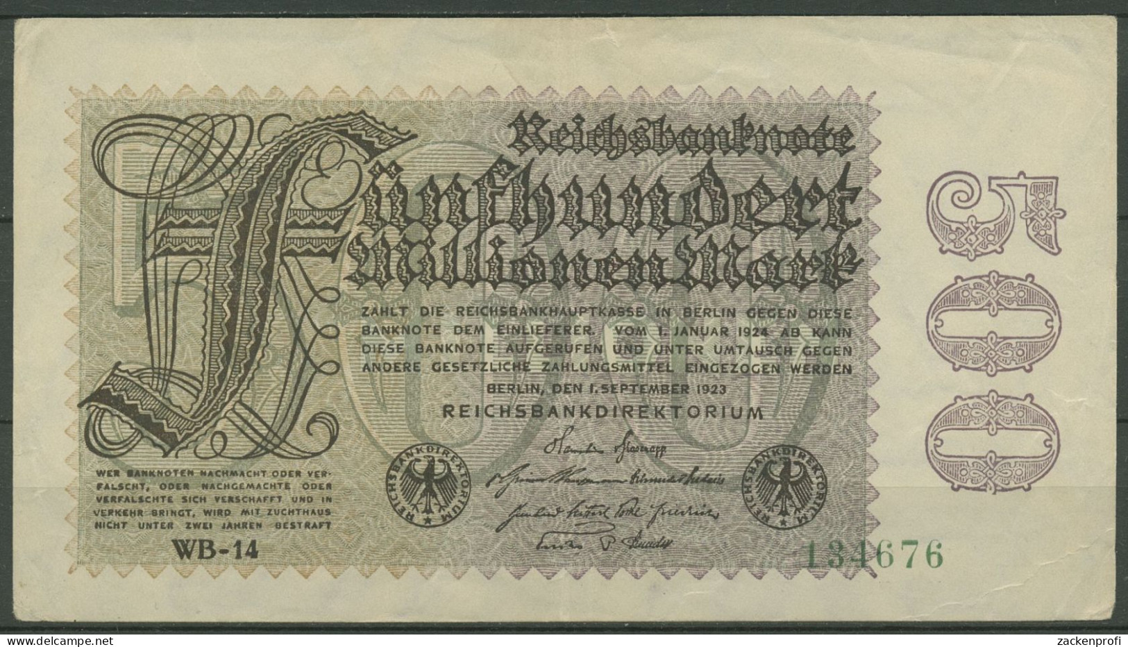 Dt. Reich 500 Millionen Mark 1923, DEU-125h FZ WB, Gebraucht (K1159) - 500 Millionen Mark