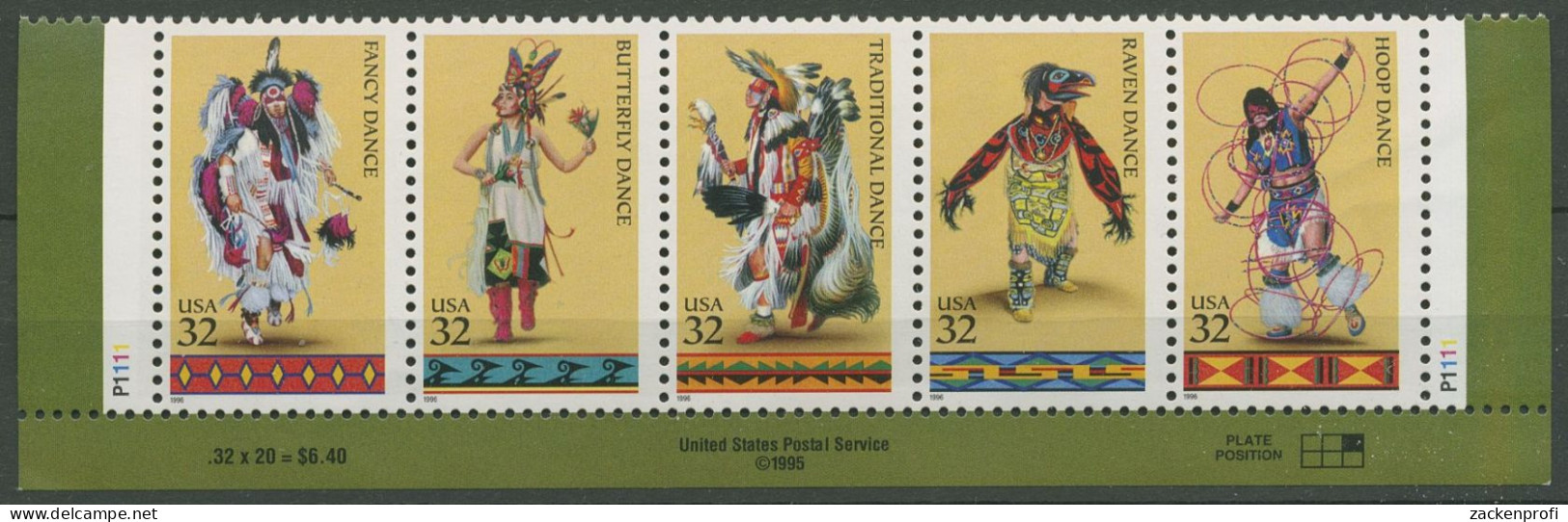 USA 1996 Indianische Tänze 2730/34 Rf II ZD Mit Plattennummer Postfrisch(C62340) - Nuevos