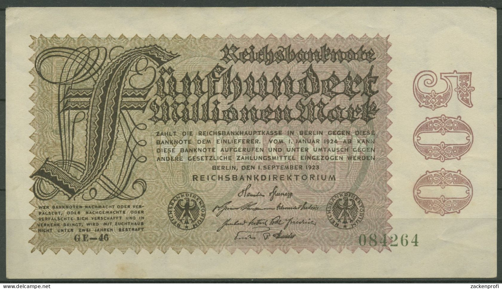 Dt. Reich 500 Millionen Mark 1923, DEU-125h FZ GE, Leicht Gebraucht (K1162) - 500 Miljoen Mark