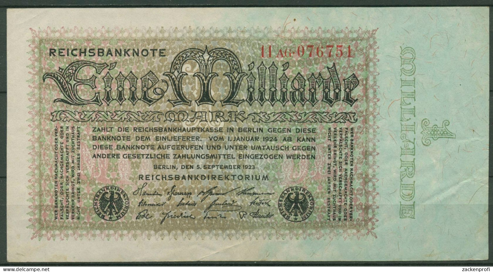 Dt. Reich 1 Milliarde Mark 1923, DEU-131b FZ AG, Leicht Gebraucht (K1139) - 1 Miljard Mark