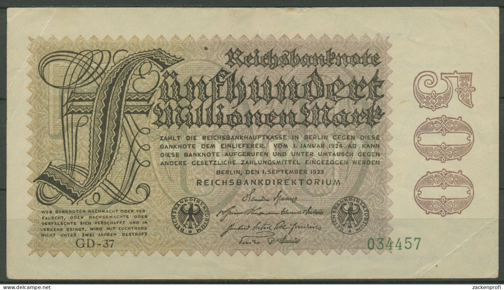 Dt. Reich 500 Millionen Mark 1923, DEU-125h FZ GD, Gebraucht (K1161) - 500 Mio. Mark