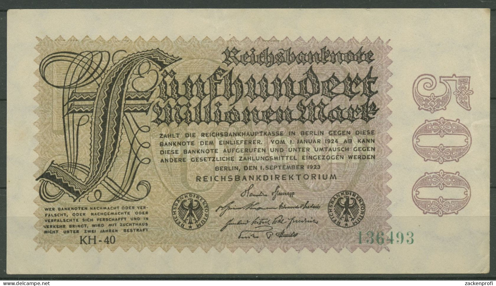 Dt. Reich 500 Millionen Mark 1923, DEU-125h FZ KH, Leicht Gebraucht (K1158) - 500 Millionen Mark