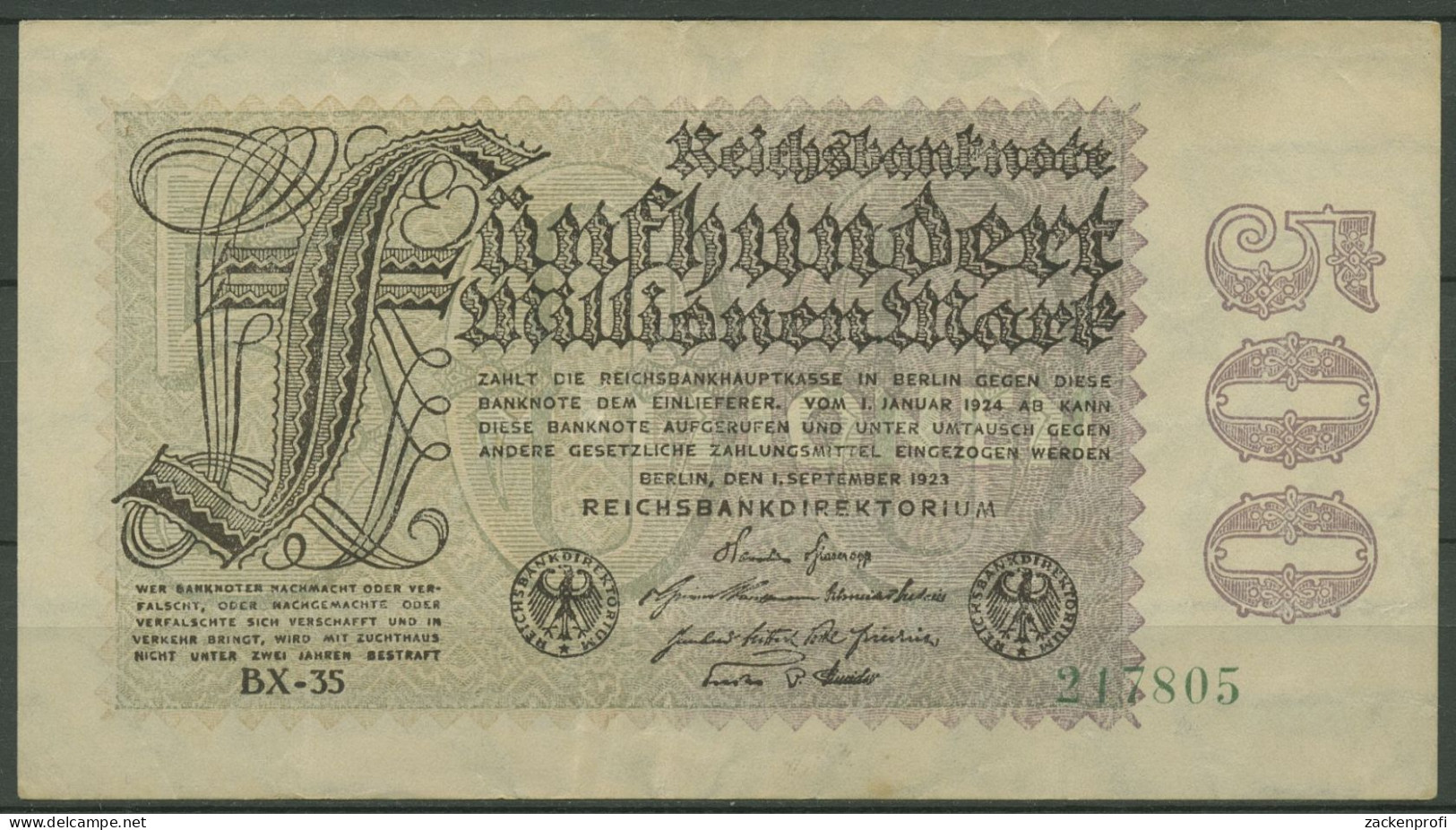 Dt. Reich 500 Millionen Mark 1923, DEU-125h FZ BX, Gebraucht (K1164) - 500 Miljoen Mark