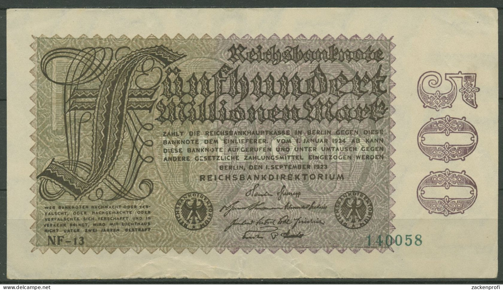 Dt. Reich 500 Millionen Mark 1923, DEU-125h FZ NF, Leicht Gebraucht (K1166) - 500 Millionen Mark