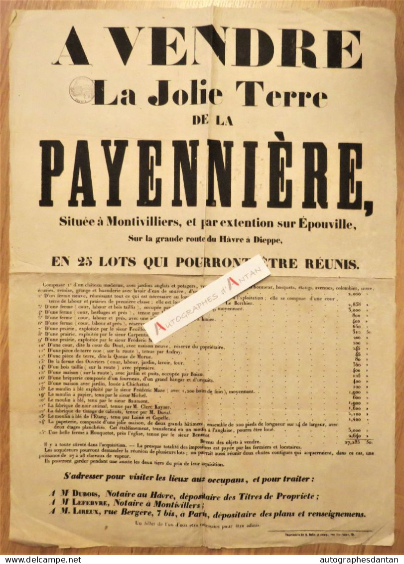 ● Affiche XIXè Terre De La PAYENNIERE à Montivilliers / Epouville Vente 25 Lots / Noms Propriétaires - Seine Inférieure - Affiches
