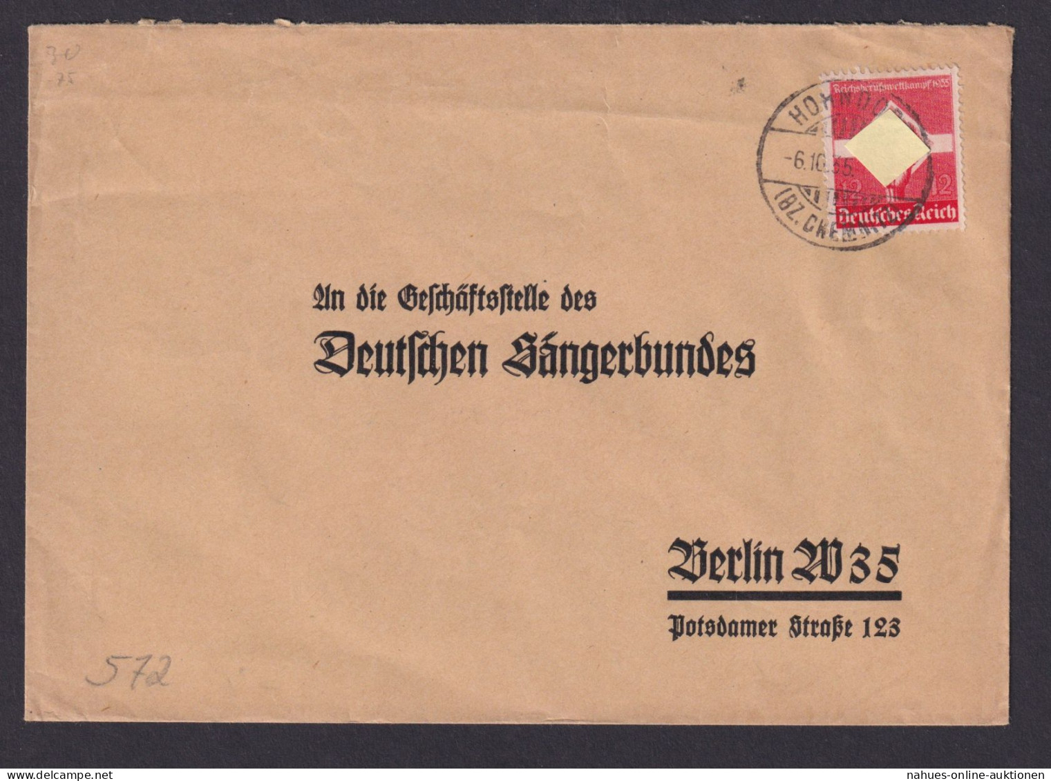 Hohndorf Chemnitz Sachsen Berlin Deutsches Reich An Den Deutschen Sängerbund - Cartas & Documentos