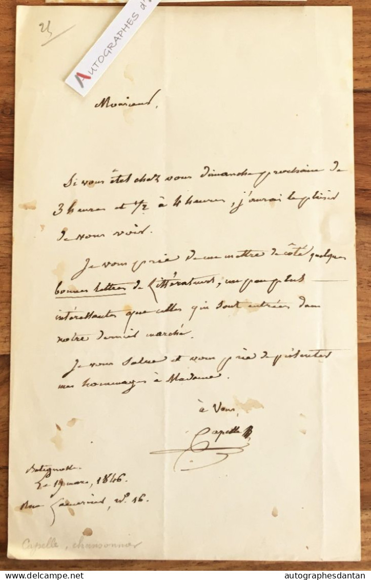 ● L.A.S 1846 Pierre CAPELLE Chansonnier Goguettier & écrivain Né à Montauban - Paris Batignolles - Lettre Autographe - Zangers & Muzikanten