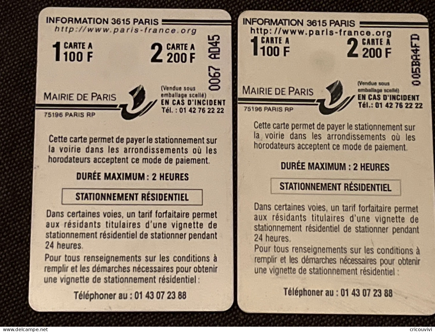 Paris Carte 20 - PIAF Parking Cards