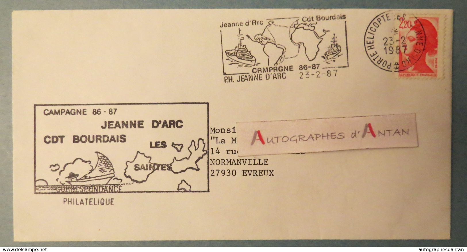 ● Jeanne D'Arc - Cdt Bourdais - Les Saintes Guadeloupe - Campagne 86-87 - Poste Navale - Porte Hélicoptère - Naval Post