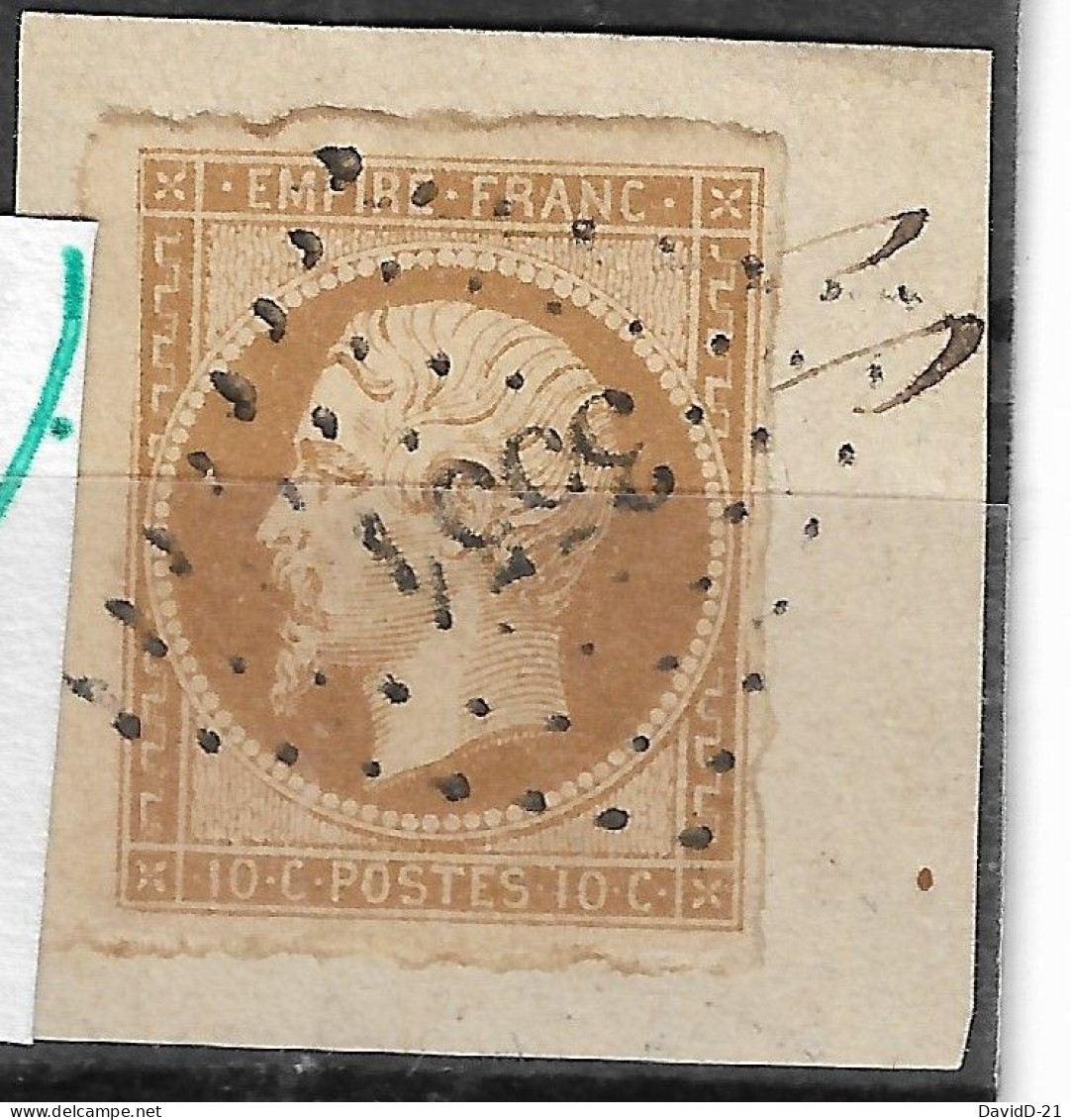 0013. Fragment Timbre N°13 BDF Ty. I (Variété Filet Int.) Bistre-brun - PC. 3554 Vezzani (19 - CORSE) - Rare - Ind. 18 - 1853-1860 Napoléon III