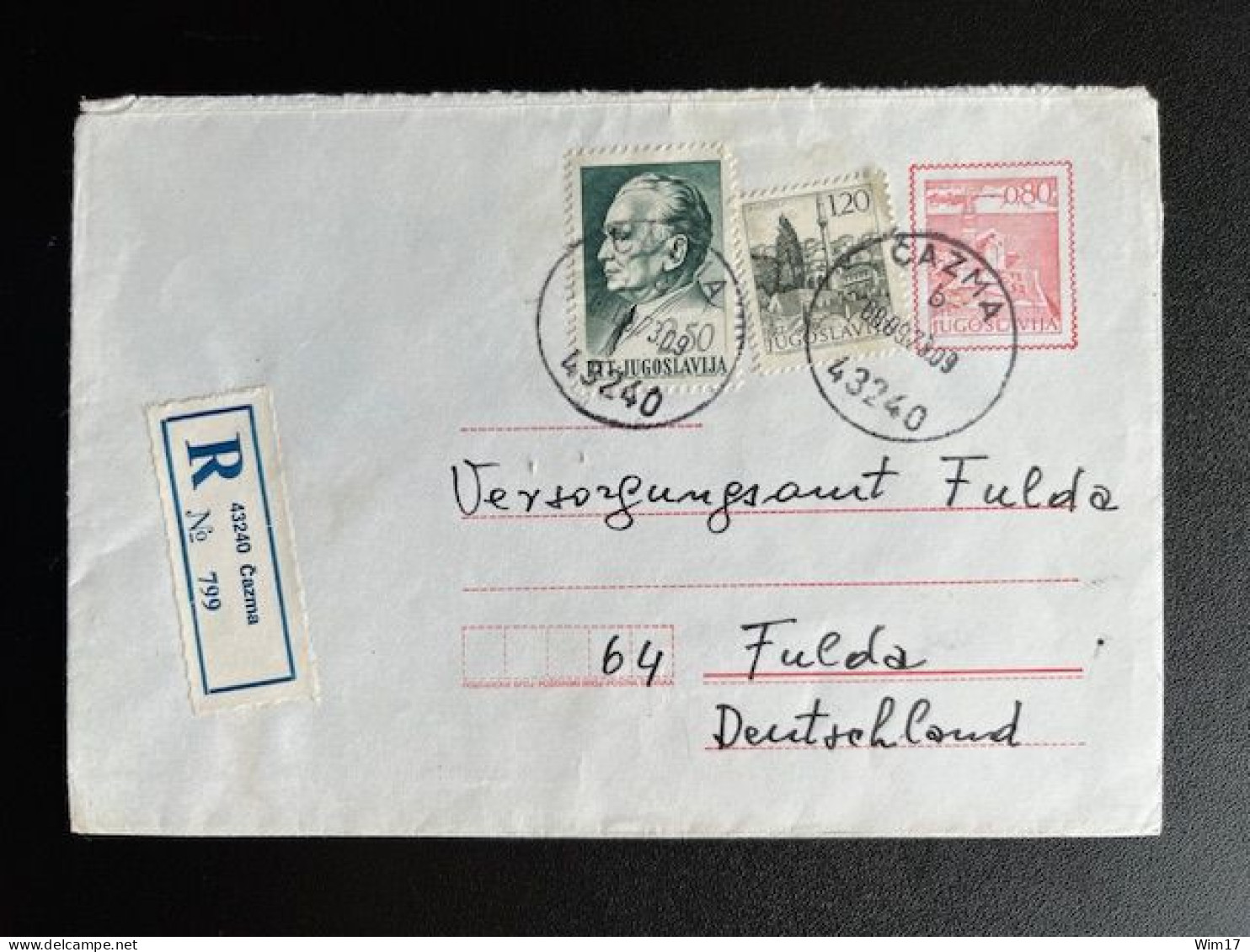 JUGOSLAVIJA YUGOSLAVIA 1973 REGISTERED LETTER CAZMA TO FULDA 08-09-1973 - Lettres & Documents