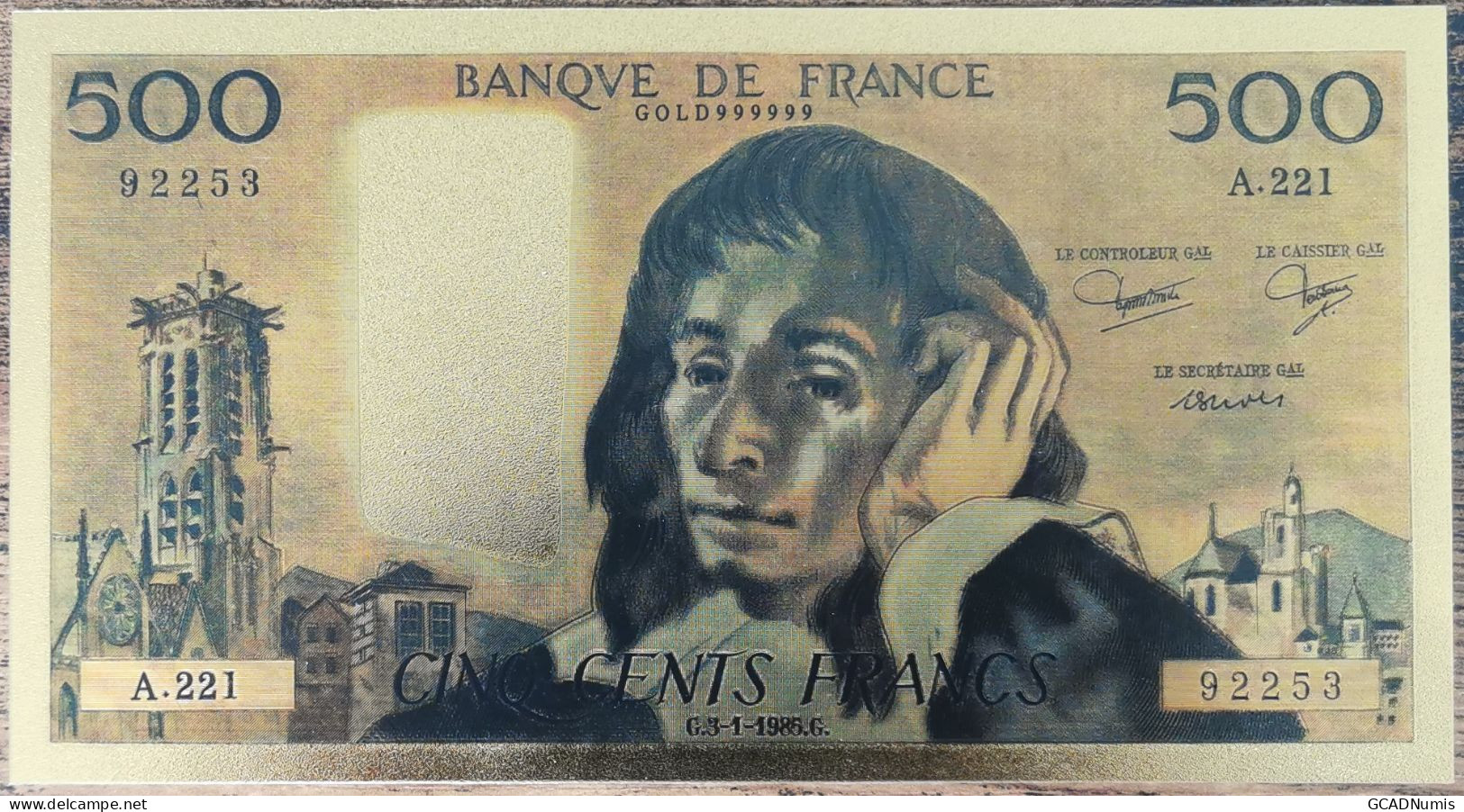 Billet 500 Francs PASCAL 1985 Réplique Réplique Polymère Gold Or - 500 F 1968-1993 ''Pascal''