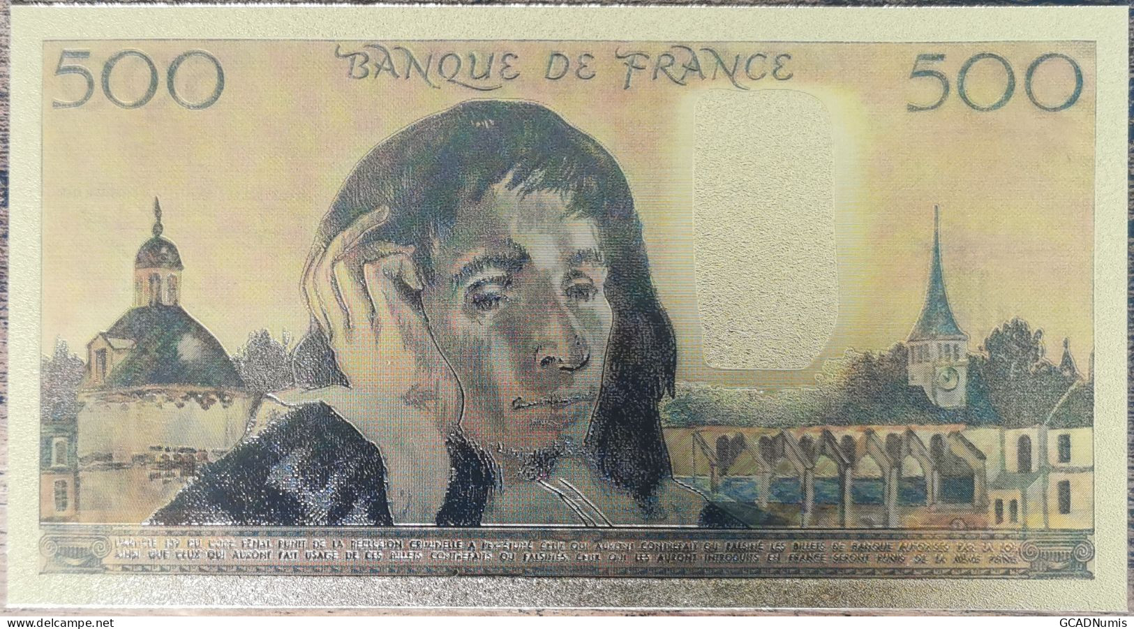 Billet 500 Francs PASCAL 1985 Réplique Réplique Polymère Gold Or - 500 F 1968-1993 ''Pascal''
