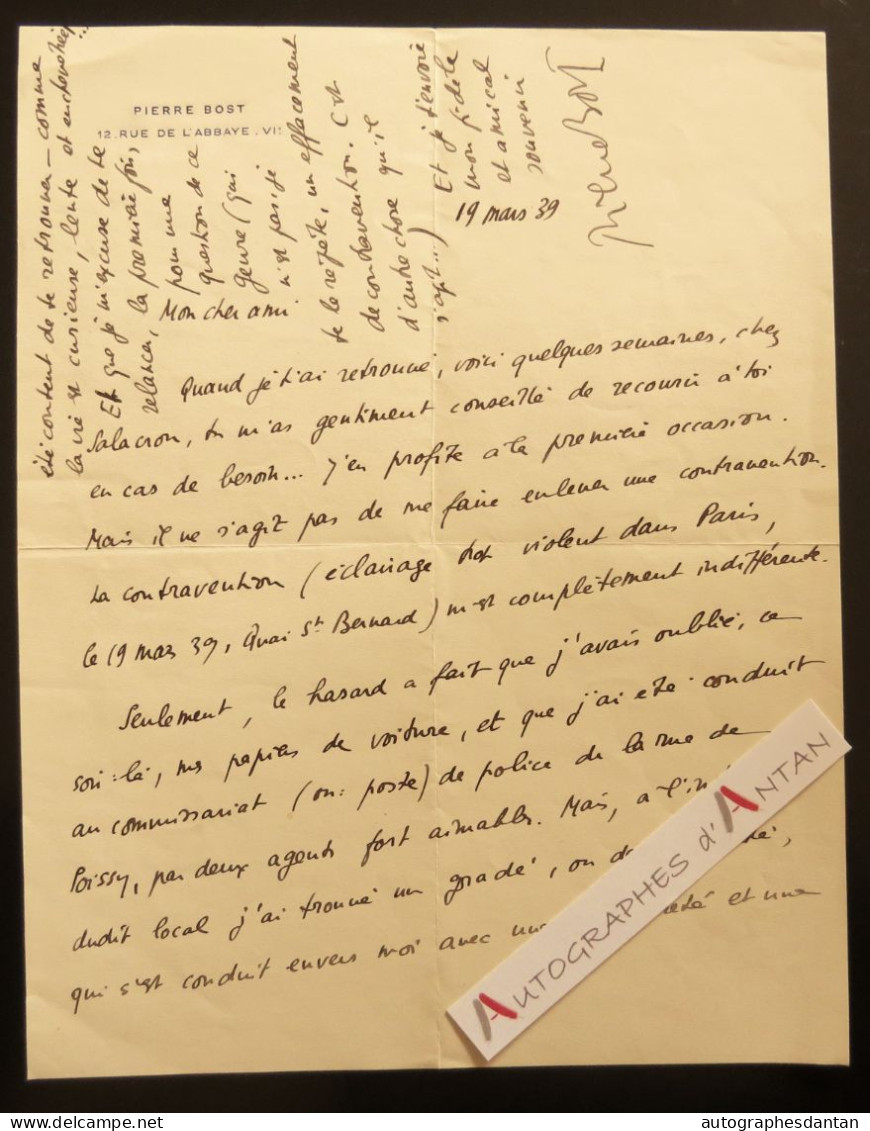 ● L.AS 1939 Pierre BOST écrivain Et Scénariste Né à Lasalle (Gard) - Vivarais - Jacques Simon RG Renseignements Lettre - Ecrivains