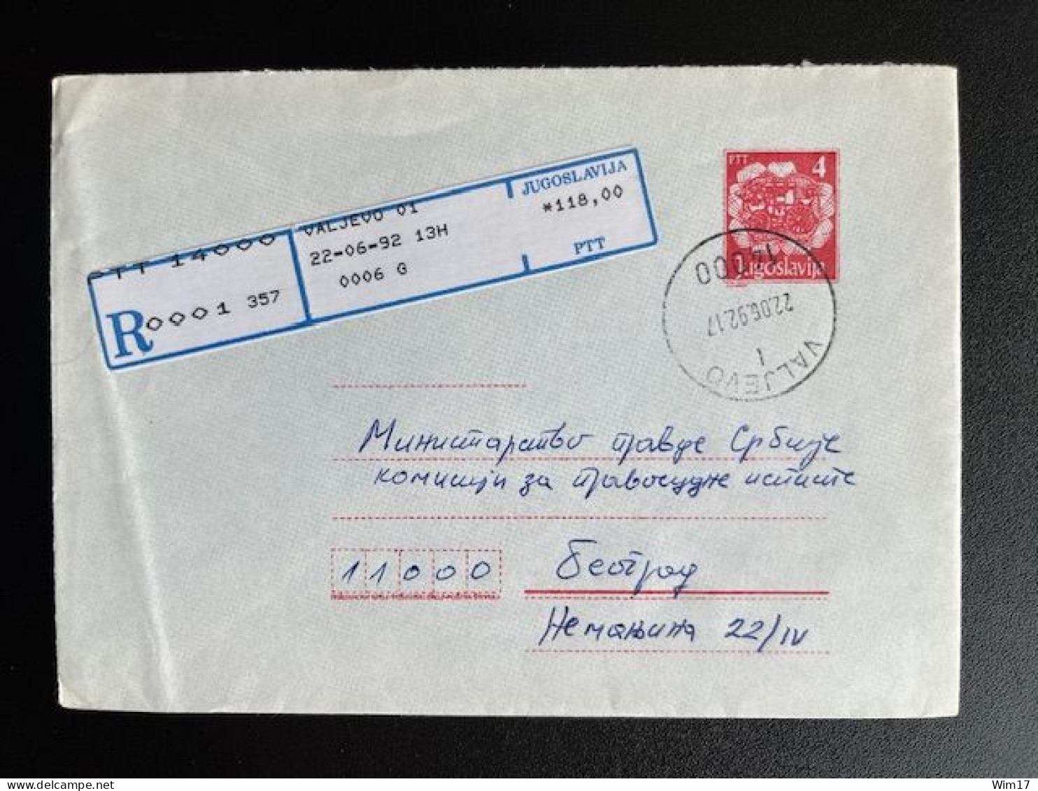 JUGOSLAVIJA YUGOSLAVIA 1992 REGISTERED LETTER VALJEVO TO BELGRADE BEOGRAD 22-06-1992 - Covers & Documents