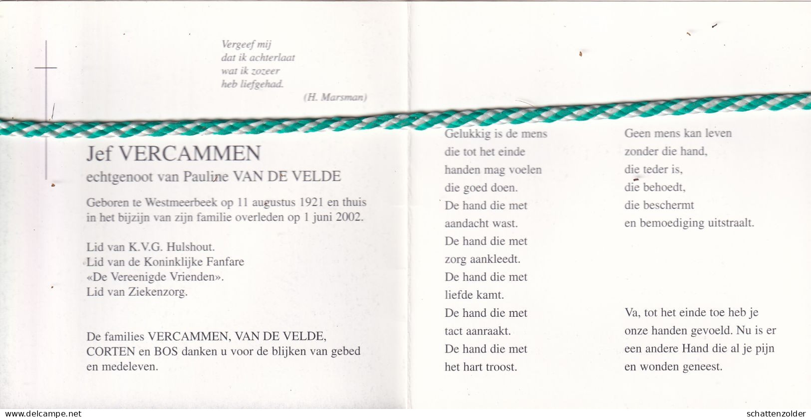 Jef Vercammen-Van De Velde, Westmeerbeek 1921, 2002. Foto - Obituary Notices