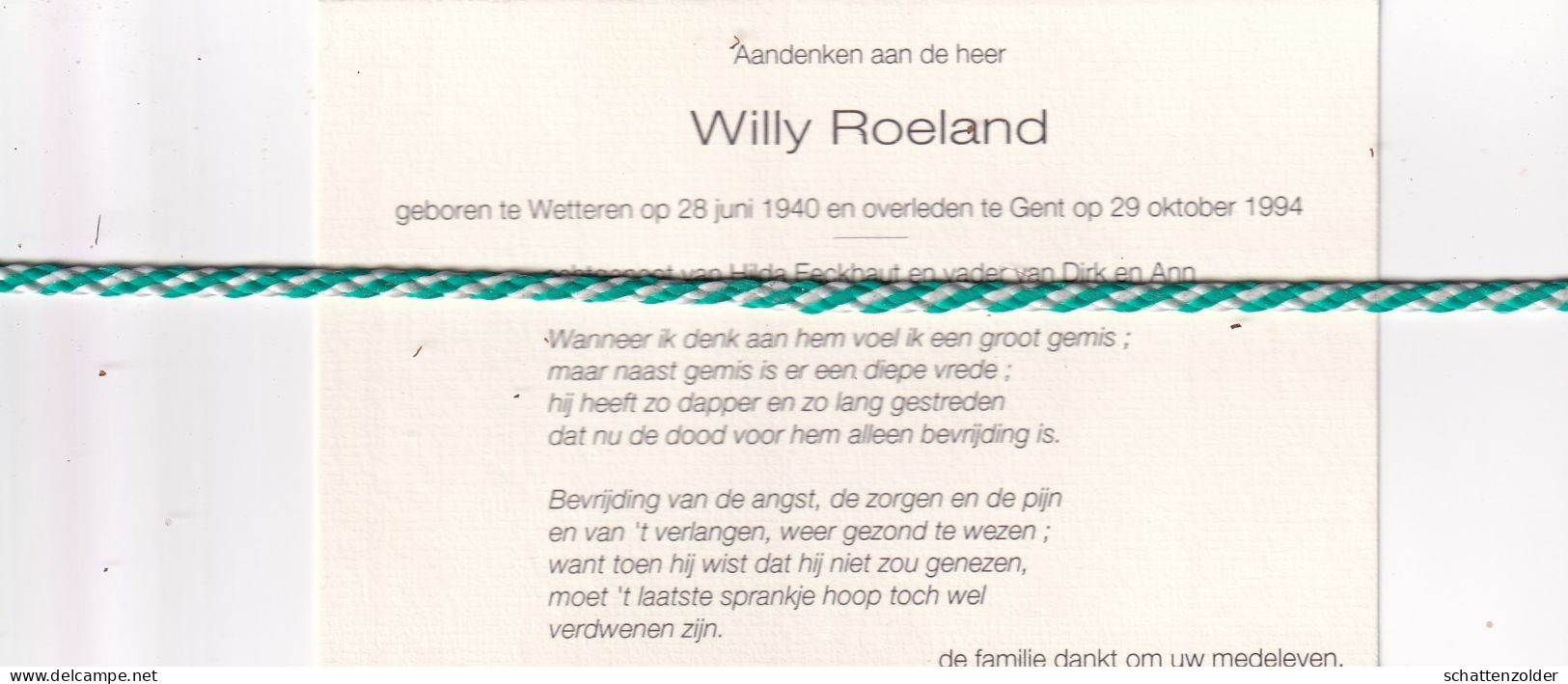 Willy Roeland-Eeckhaut, Wetteren 1940, Gent 1994. Foto - Décès