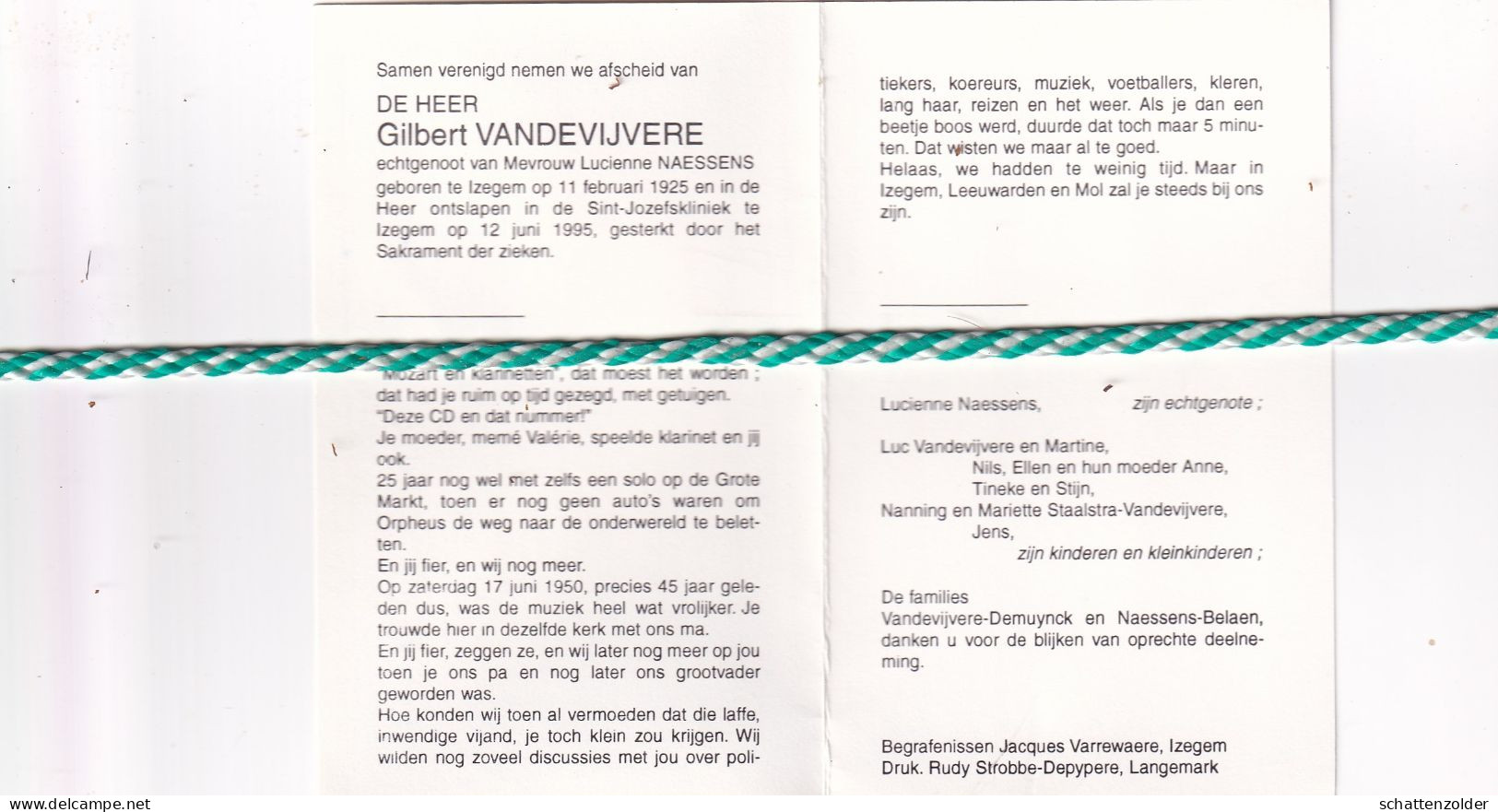 Gilbert Vandevijvere-Naessens, Izegem 1925, 1995 - Décès