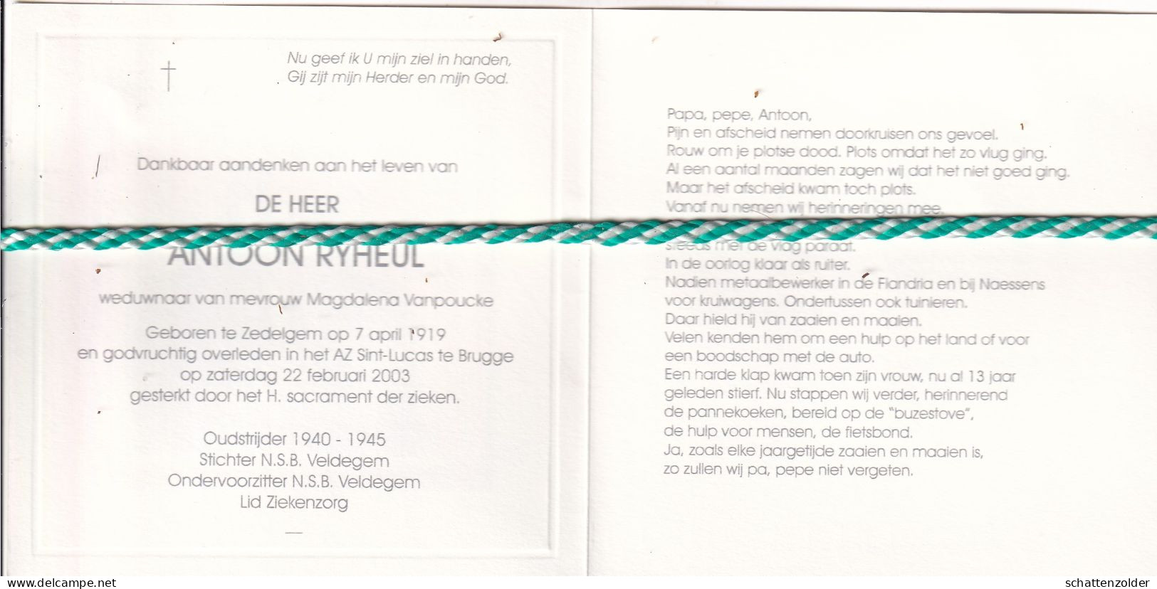 Antoon Ryheul-Vanpoucke, Zedelgem 1919, Brugge 2003. Oud-strijder 40-45. Foto - Obituary Notices