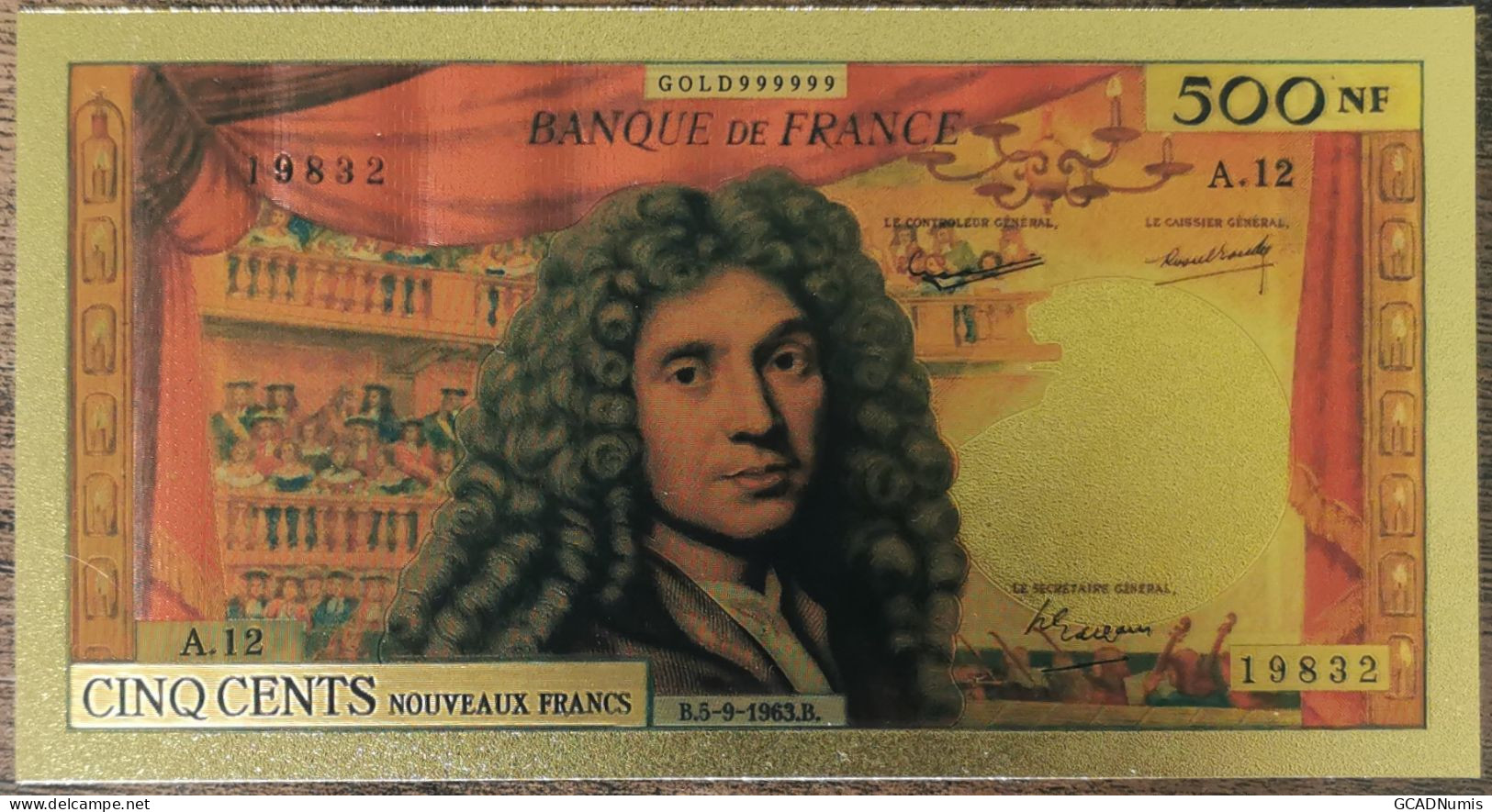 Billet 500 Nouveaux Francs MOLIERE 1963 Réplique Réplique Polymère Gold Or - 500 NF 1959-1966 ''Molière''