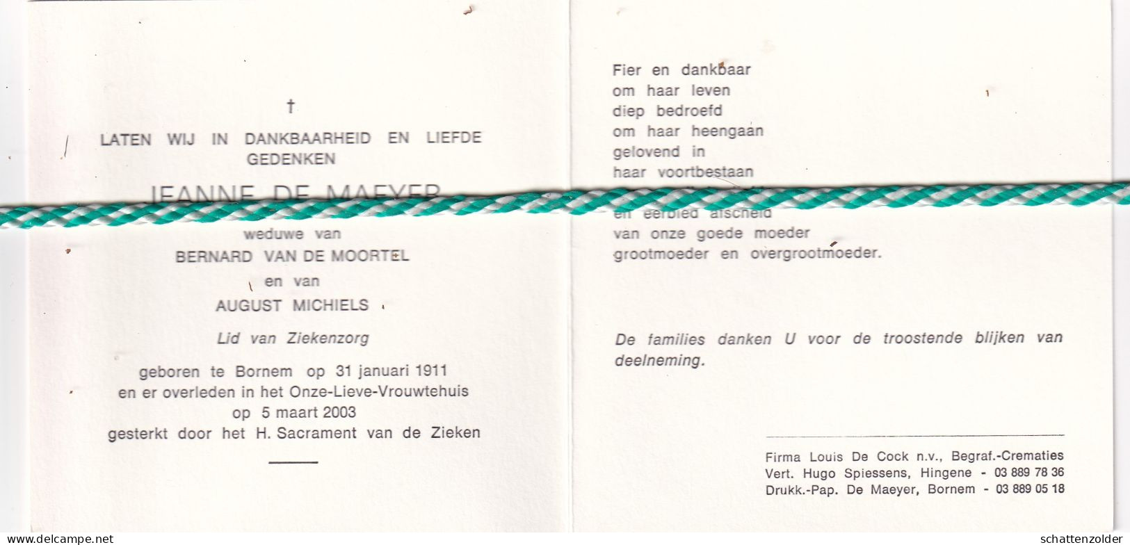 Jeanne De Maeyer-Van De Moortel-Michiels, Bornem 1911, 2003. Foto - Obituary Notices