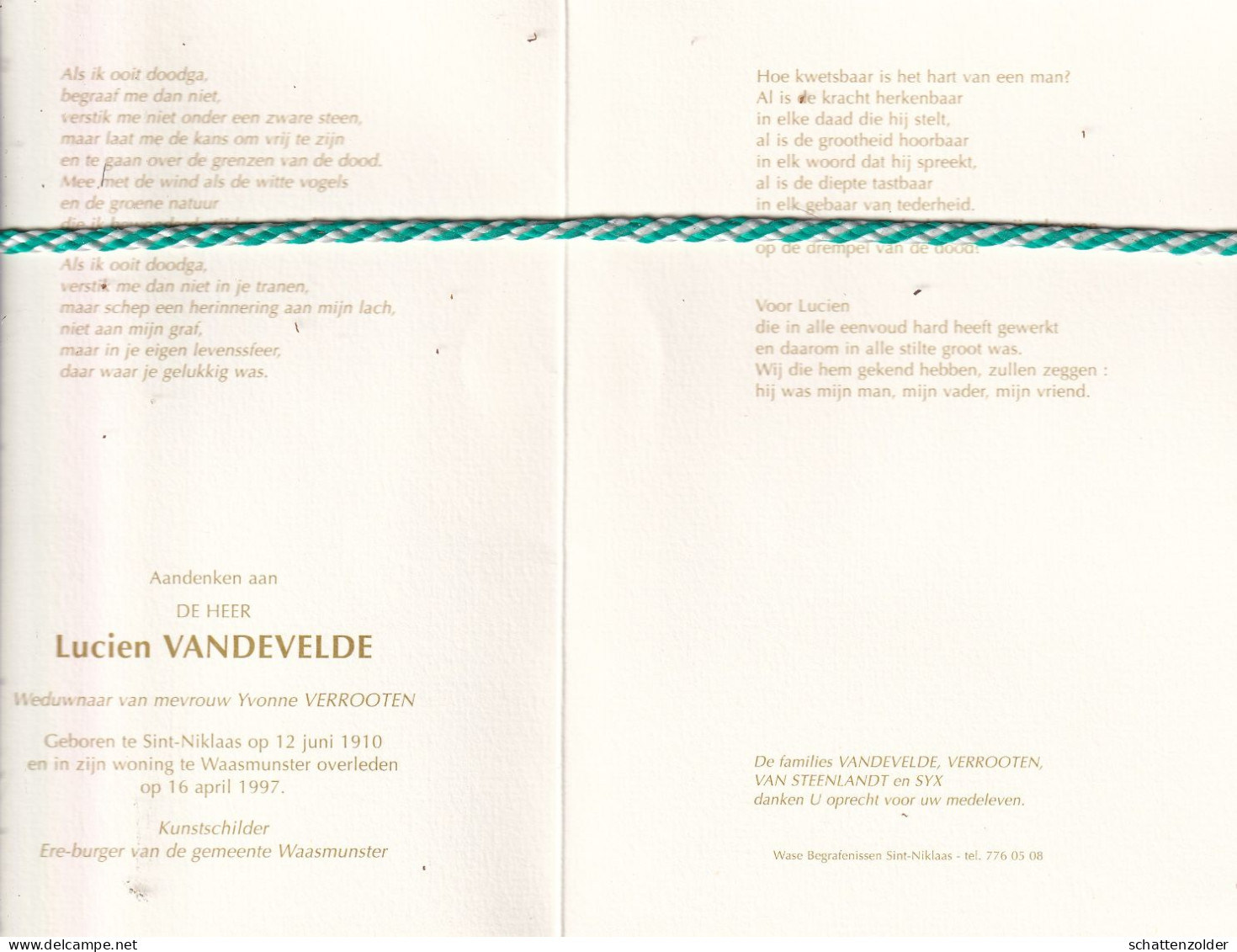 Lucien Vandevelde-Verrooten, Sint-Niklaas 1910, Waasmunster 1997. Kunstschilder, Ere Burger Waasmunster; Foto Tekening - Todesanzeige