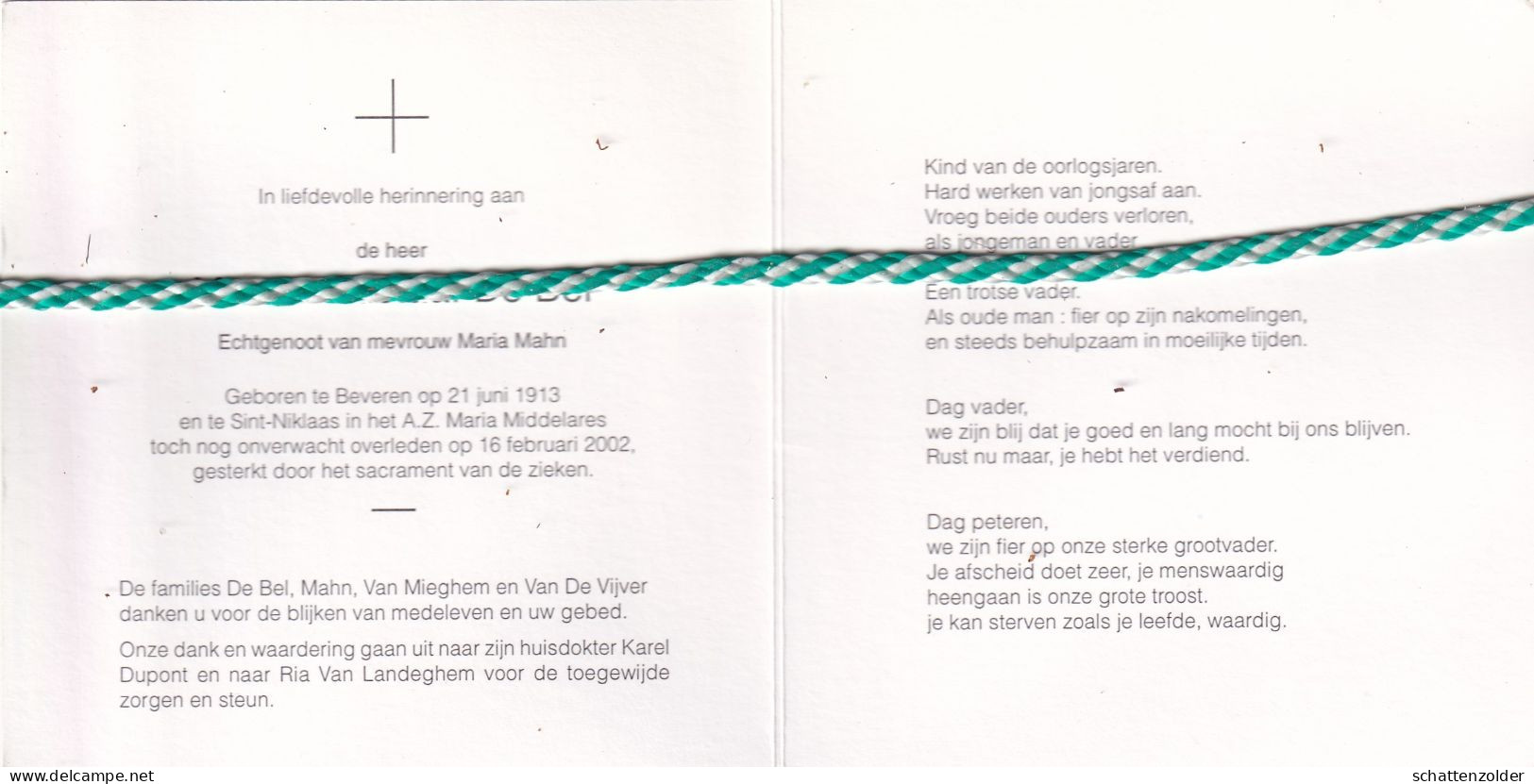 Marcel Gustaaf De Bel-Mahn, Beveren 1913, Sint-Niklaas 2002. Foto - Obituary Notices